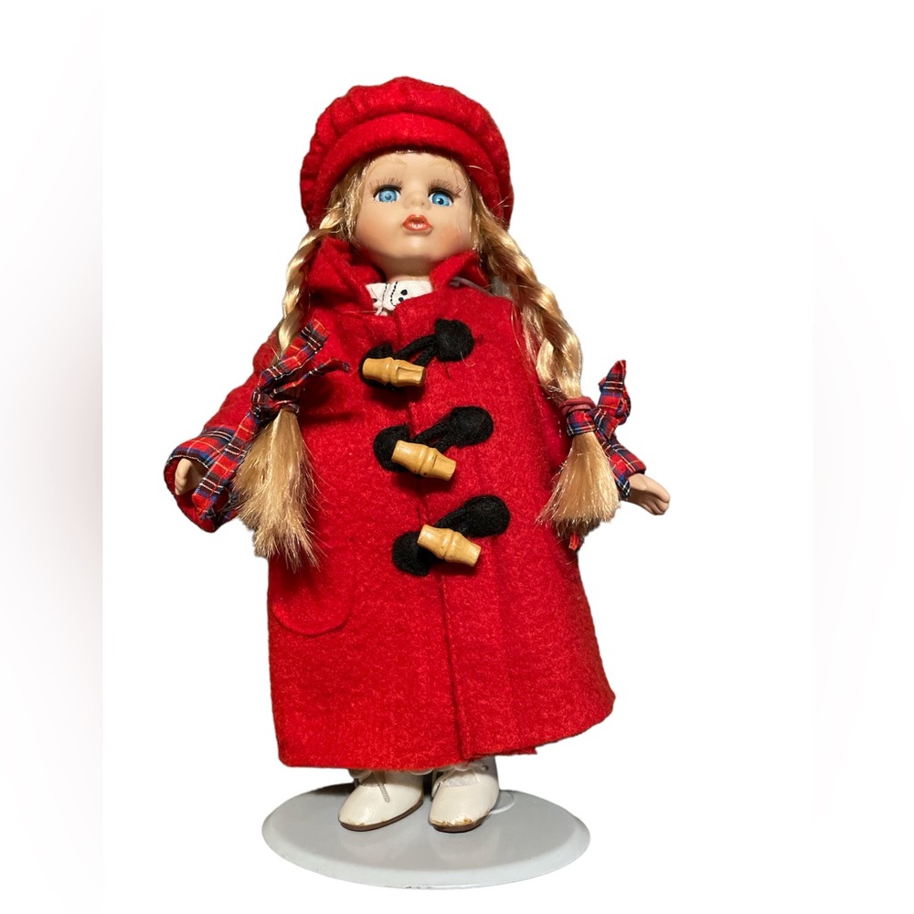 Vintage Doll With Stand Red Coat Blonde Hair Blue Eyes